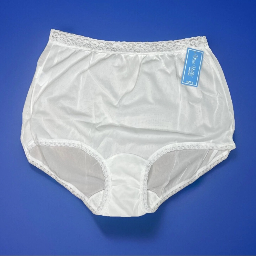 Vintage Dixie Belle Lingerie Nylon Brief Panty Size 9 White With Lace Trim NWT